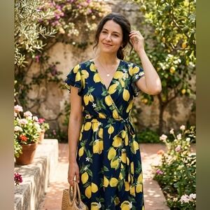 Scobe Plus Size 2X Lemon Print Dress | Flutter Sleeve V-Neck Midi